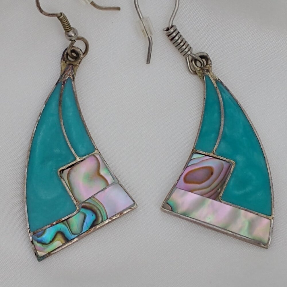 Artisan Mexican Art Deco Abalone & Turquoise Inlay Dangle Earrings, Handcrafted